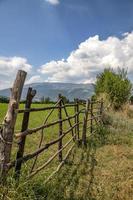 en handgjort trä- staket tillverkad av tunn stavar. de gammal staket av träd stammar, lantlig landskap, natur tapet bakgrund. foto