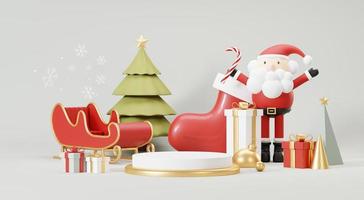 3d framställa glad jul podium plattformar scen dekorera med jul träd, gåvor, boll och snöflingor i vinter- säsong tema. abstrakt minimal piedestal produkt visa festivel jul. foto