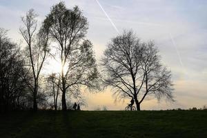 silhuett av människor ridning de cykel på en lantlig väg på solnedgång längs Donau flod i Regensburg, Tyskland, Europa. foto