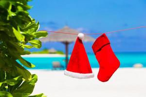 röd santa hatt och jul strumpa hängande på tropisk strand mellan handflatan träd foto