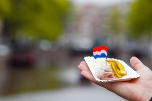 färsk sill med lök och Nederländerna flagga i manlig händer närbild. traditionell dutch mat foto