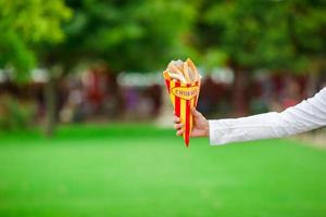 gott varm ljuv churros i papper väska bakgrund grön parkera foto