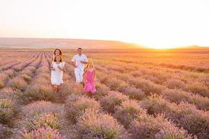 familj av fyra i lavendel- blommor fält foto