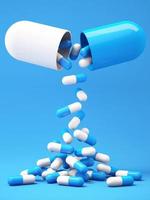 medicin piller kapslar faller med blå bakgrund., sjukvård och medicinsk 3d illustration bakgrund foto