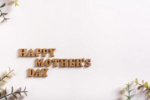 Lycklig mors dag. trä- brev och eukalyptus grenar på en ljus bakgrund. kopia Plats foto