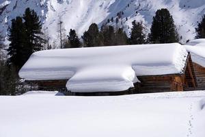 trä stuga hydda i de vinter- snö bakgrund foto