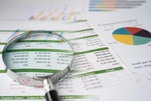förstoringsglas på diagram diagrampapper. finansiell utveckling, bankkonto, statistik, investeringsanalys, forskningsdataekonomi, börshandel, affärskontorsföretagskoncept. foto
