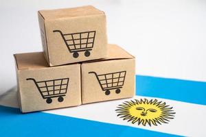 låda med kundvagns logotyp och Argentina flagga, import export shopping online eller e-handel finans leverans service butik produkt frakt, handel, leverantör koncept. foto