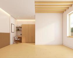 japansk minimalistisk tömma rum med trä garderob och trä golv. 3d tolkning foto