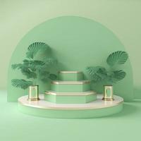 realistisk 3d tolkning illustration av pastell grön podium med blad dekoration för produkt befordran foto
