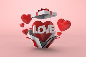 3d kärlek med flytande gåva låda och röd hjärta foto