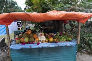 mahe, Seychellerna - augusti 13 2019 - ung kreolska människor på lokal- marknadsföra foto