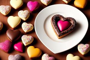 fotografi av en choklad hjärta formad munk med choklad, kärlek, hjärta, alla hjärtans dag, foto
