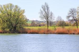 människor är ridning de cykel på en lantlig väg på solnedgång längs Donau flod i Regensburg, Tyskland, Europa. foto