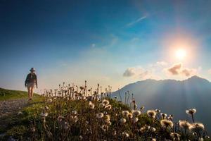 blommor i de bergen på solnedgång med en flicka i de bakgrund den där gör vandring foto