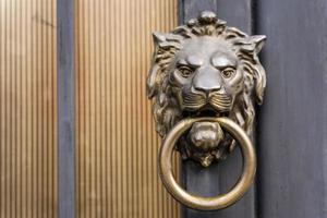 dörr hantera i de form av en lejonets huvud med en ringa i dess mun på en metall dörr foto
