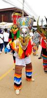 loei, thailand - januari 6, 2023 phi ta khon eller spöke festival. lokal- människor tillverkad och bär färgrik trasa och spöke mask för fira kultur, parad eller religiös tradition på juli av varje år foto