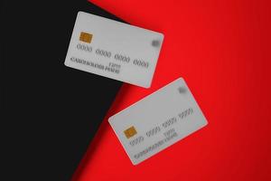 två kreditera kort på mörk röd bakgrund, 3d illustration foto