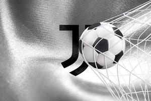 uefa mästare liga 2023, juventus fc flagga med en fotboll boll i netto, uefa tapet, 3d arbete och 3d bild. Jerevan, armenia - 2023 januari 27 foto
