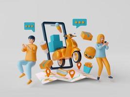 människor beställa mat via smartphone, mat leverans Ansökan uppkopplad på mobil, 3d illustration foto