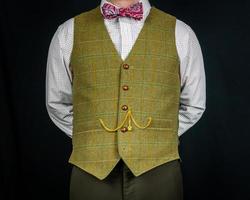 porträtt av herre i tweed väst och rosett slips stående med händer Bakom tillbaka. årgång mode och retro stil. foto