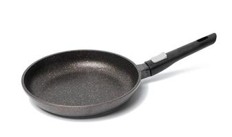 tömma svart runda metall tallrik med non-stick beläggning isolerat på vit bakgrund, topp se foto