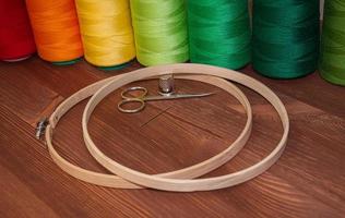 siffra av färgad tråd i de spolar med trä- ringar foto