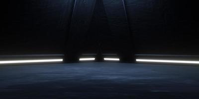 3d tolkning av rymdskepp korridor hall mörk bakgrund betong. cyberpunk begrepp. scen för reklam, showroom, teknologi, framtida, modern, sport, spel, metavers. sci fi illustration foto