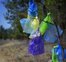 många flerfärgad plast påsar hängande på en tall gren foto