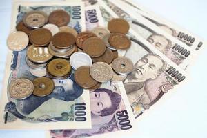 japansk yen anteckningar och japansk yen mynt för pengar begrepp bakgrund foto
