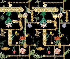 sömlös mönster med gyllene barock element och guld kedjor och pärlor. trendig tropisk blomma årgång mönster. illustration, svart bakgrund. foto