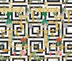 sömlös mönster med gyllene barock element och guld kedjor och pärlor. trendig tropisk blomma årgång mönster. illustration, svart och vit kvadrater bakgrund. foto