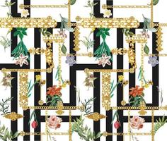 sömlös mönster med gyllene barock element och guld kedjor och pärlor. trendig tropisk blomma årgång mönster. illustration, svart och vit abstrakt bakgrund. foto