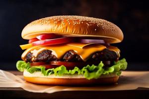 främre se gott kött burger med ost och sallad foto