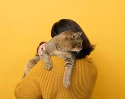 en kvinna i ett orange Tröja innehar ett vuxen skott hetero katt på en gul bakgrund. kärlek till de djur foto