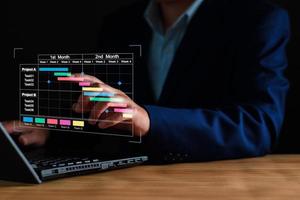 projekt chef arbetssätt på läsplatta och uppdatering uppgifter och milstolpar framsteg planera med gantt Diagram schemaläggning gränssnitt för företag på virtuell skärm. företag projekt förvaltning systemet. foto