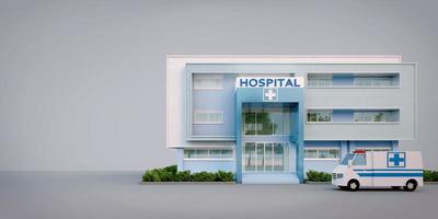 sjukhus främre se exteriör isolerat på bakgrund med ambulans.3d tolkning foto