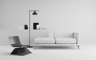 modern minimal interiör levande rum.svart och vit möbel i vit rum.3d tolkning foto