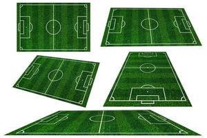 samling av fotboll fält element utsikt, grön gräs fotboll fält av artificiell gräs bakgrund , spelar fält av fotboll, vit rader den där avgränsa de områden foto