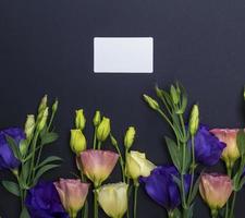 blommor Eustoma lisianthus och tömma papper kort foto