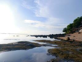 blå strand se, blå himmel, ö och underbar grön träd på tropisk strand, panorama- se. årgång tona filtrera effekt Färg stil. natur tropisk strand hav. foto