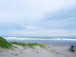 turkos vatten, vit vågor, blå himmel, grön gräs, vit sand, skön stranden och skön ö, sayang heulang garut, panorama- se foto