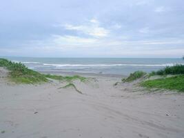 turkos vatten, vit vågor, blå himmel, grön gräs, vit sand, skön stranden och skön ö, sayang heulang garut, panorama- se foto