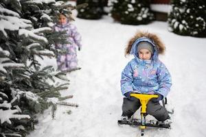 barn spela utomhus i snö. två liten systrar njut av en släde rida. barn pulka. litet barn unge ridning en släde. barn kälke i vinter. foto