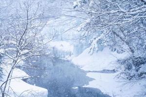 tung snö på de flod i heike Nej sato by i tochigi prefektur, nikko stad, japan foto