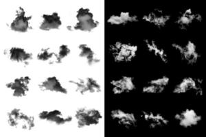 samling av vit moln och uppsättning av svart moln isolerat på bakgrund för design element, texturerat rök, borsta effekt foto
