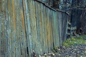 stänga upp skranglig lav trä- staket med höst lövverk på jord begrepp Foto