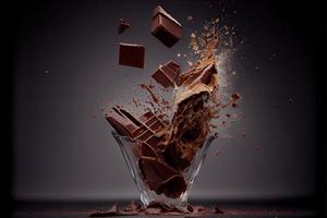 flygande bitar av krossad choklad bitar med liquide choklad hjärtans dag 3d och illustrationer foto