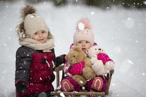 barn rida på en årgång trä- kälke mot de bakgrund av en vinter- skog. bror och liten syster på en vinter- promenad. foto