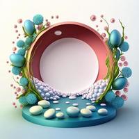 digital 3d illustration av en podium med ägg, blommor, och löv dekoration för produkt visa foto